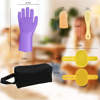 7PCS Pet Grooming Kit for Dogs and Cats | Dog Bath Brush | Washing Gloves | Cleanroom Gloves | Dog Shampoo Brush | Finger Toothbrushes | Storage Bag | All-in-One Pet Care (Purple) - color: Lavender Purple