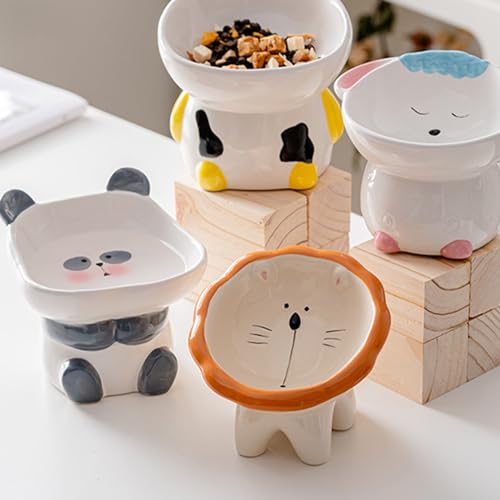 Cat Bowl Elevated Cat Bowls Whisker Friendly Cute Ceramic Tilted Food Bowls for Indoor Cats 6 Inch Wide 15° Raised Kitten Supplies Dishwasher and Microwave Safe Pink Cats Water Bowl - color: Cute Lion Elevated Cat Food Bowl