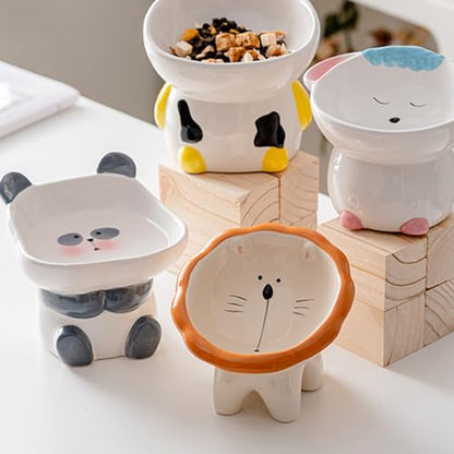 Cat Bowl Elevated Cat Bowls Whisker Friendly Cute Ceramic Tilted Food Bowls for Indoor Cats 6 Inch Wide 15° Raised Kitten Supplies Dishwasher and Microwave Safe Pink Cats Water Bowl - color: Cute Lion Elevated Cat Food Bowl