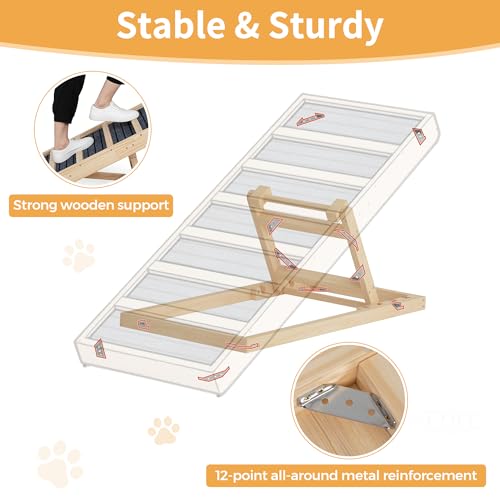 Adjustable Wooden Dog Ramp for Bed and Couch - 39" Folding Pet Ramp with 4 Heights and Non-Slip Safety Rails for 132lbs Small, Medium, and Senior Dogs - size: 39"L