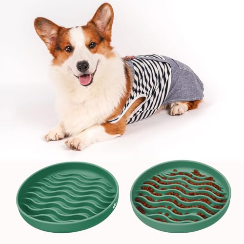 Slow Feeder Dog Bowls, Silicone Food Bowl Anti-Gulping, Pets Puppy Slow Feeder with Suction Cups, Dishwasher Microwave Safe for All Small Medium Dogs, Wave Design Green - color: green