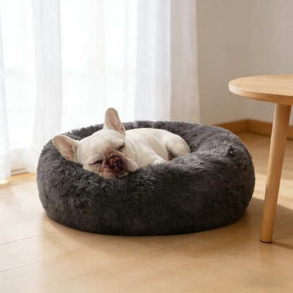 SAVFOX 23 inches Calming Donut Dog Bed - 3X Durable Plush Faux Fur, Machine Washable & Non-Slip, Fits up to 25 lbs, Dark Grey - color: Dark Grey, size: Small | 23"x23"