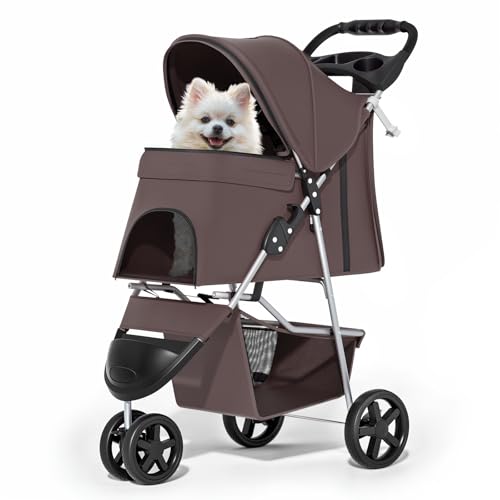 MoNiBloom Foldable Dog Strollers for Small Dogs with Weather Cover, 3 Wheels Pet Strolling Cart for Dogs and Cats with Storage Basket and Cup Holder, Breathable and Visible Mesh for All-Season, Coffee - color: Coffee