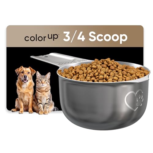 Color Up ¾ Cup Pet Food Scoop – Stainless Steel Dog Food Scoop Cup (12 Tbsp) – Heavy-Duty, Rust-Resistant Measuring Scoop for Dogs, Cats, Birds & Rabbits – Ideal for Dry Food & Treats - size: ¾ Scoop (¾ Cup)
