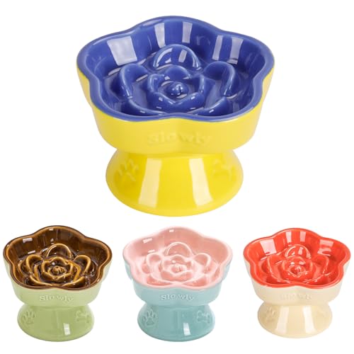 S&Q's CERAMICS Raised Slow Feeder Cat Bowl, Ceramic Elevated and Titled Pet Food Bowl, Small Dogs Slow Feeder, Flower Shaped Dish for Dry and Wet Food (Blue, 5.8") - color: Blue
