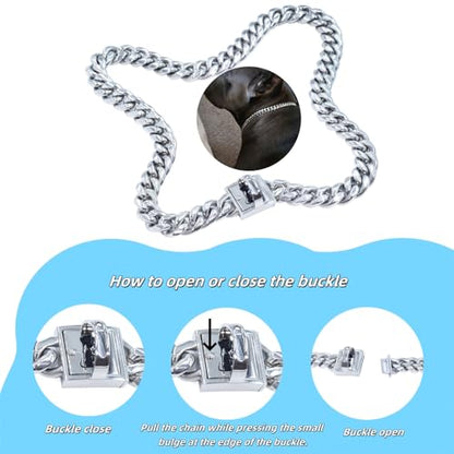 Heavy Duty Cuban Link Chain Dog Collars 15MM Gold/Silver Stainless Steel Metal Walking Training Collars with Cute Secure Design Buckle, Chew Proof, for Large Medium Small Dogs (Silver, 12'') - color: Silver, size: 12inches