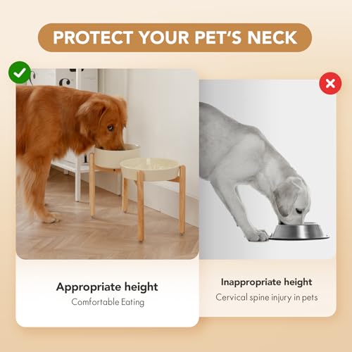 Havniva 9.5” Raised Slow Feeder Dog Bowls Set, 3.2 Cups Ceramic Slow Feeder Dog Bowl and 8.2” Dog Water Bowl with Elevated Wooden Stand Puzzle Dog Food Bowl for Large Dogs Anti-Gulping & Anti-Choking - color: 2 x Light Yellow+Stand-C, size: 9.5inch