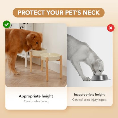 Havniva 9.5” Raised Slow Feeder Dog Bowls Set, 3.2 Cups Ceramic Slow Feeder Dog Bowl and 8.2” Dog Water Bowl with Elevated Wooden Stand Puzzle Dog Food Bowl for Large Dogs Anti-Gulping & Anti-Choking - color: 2 x Light Yellow+Stand-C, size: 9.5inch