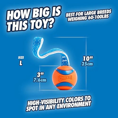 Chuckit! Ultra Tug Dog Toy - Ultra Ball on a Durable Nylon Cord Handle - Fetch and Tug-of-War Toy for Dogs - Size Large - For Breeds 60-100 lbs - 3-inch Diameter - Orange and Blue - size: Large, style: Ultra Tug