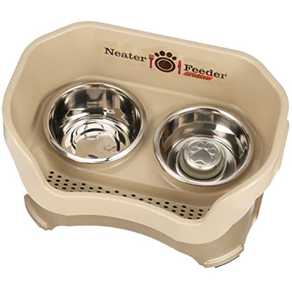 Neater Feeder Deluxe Mess Proof Dog Bowls Elevated for Medium Sized Breeds – Made in USA – No Spill Raised Slow Feeder Elevated Dog Bowl Stand, Stainless Steel Food and Water Bowl Set, Cappuccino - color: Cappuccino, size: Medium with Slow Feed Bowl