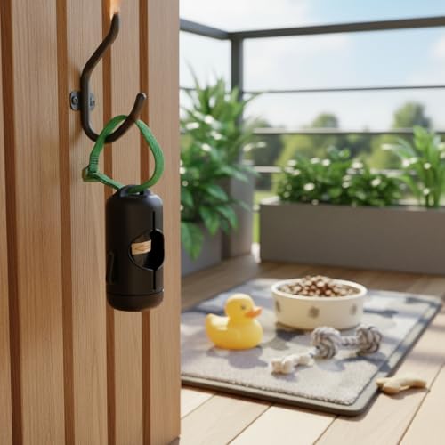 Cylindrical Dog Poop Bag Dispenser with Carrying Strap, Poop Bag Holder for Leash with Side Hooks, Pet Waste Management Solution with Biodegradable Bags (Black)