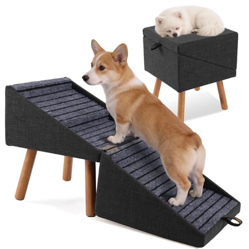 Dog ramp for Small Dogs, 2-in-1 Pet Steps & Ottoman - Foldable Dog ramp for Couch, Non-Slip Wooden Pet ramp for Puppy Senior Injured Dogs, Black, XL(17.13H) - color: Black, size: XL(17.13H)