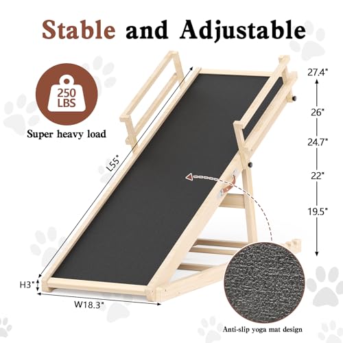 Dog Ramp for High Bed Couch, 55" Long Pet Steps for Any Sizes Dogs | 5 Heights 19.5"-27.4", Holds 250lbs, Foldable, 2 Safety Side Rails, For Older/Injured Pets, Solid Wood, Anti-slip Yoga Mat - size: 55"L x 18.3"W x 3"H