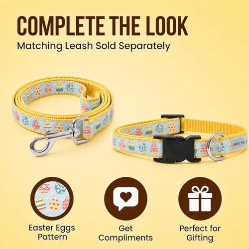 THE WORTHY DOG Spring Holiday Easter Eggs Dog Collar – Durable Nylon, Woven Ribbon, Quick-Release Buckle, Nickel D-Ring – Blue, Small - color: Easter Eggs - Blue, size: Small