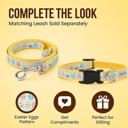 THE WORTHY DOG Spring Holiday Easter Eggs Dog Collar – Durable Nylon, Woven Ribbon, Quick-Release Buckle, Nickel D-Ring – Blue, Small - color: Easter Eggs - Blue, size: Small