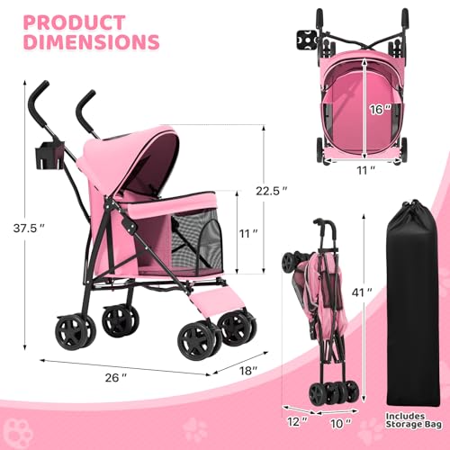 Magshion Compact Pet Stroller for Small-Medium Dogs/Cats up to 22lbs, 4-Wheel Lightweight Umbrella Shaped Portable Puppy Travel Jogger with Breathable Mesh, Cup Holder & Rear Storage, Pink - color: Pink, style: Up to 22 lbs