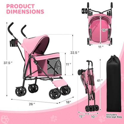 Magshion Compact Pet Stroller for Small-Medium Dogs/Cats up to 22lbs, 4-Wheel Lightweight Umbrella Shaped Portable Puppy Travel Jogger with Breathable Mesh, Cup Holder & Rear Storage, Pink - color: Pink, style: Up to 22 lbs