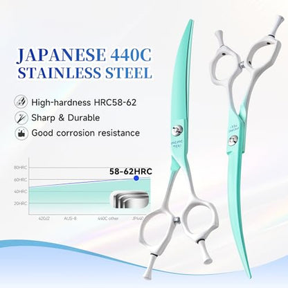 7'' Curved Dog Grooming Scissors Green to White Gradient | 440C Stainless Steel, Sharp Durable, Professional or Home Use, Ergonomic Handle with 2 Silicone Finger Rings - color: Green