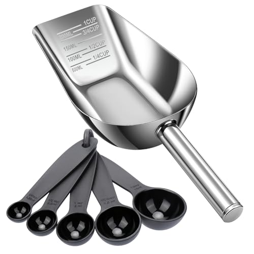 AIERSA Pet Food Scoop & Measuring Cup for Dogs & Cats, Stainless Steel Dog Scoop1 ¾ / ½ / ¼ Cup with Multi-Unit Markings for Precision Feeding, Easy-Clean Metal Food Storage