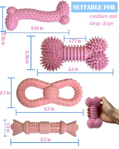 4 Pack Teething Toys Dog Durable Chew Toys Soft Rubber Toy Dog Teeth Cleaning Toothbrush Toy Cute Interactive Toys for Medium Large Breed(Medium,Pink)