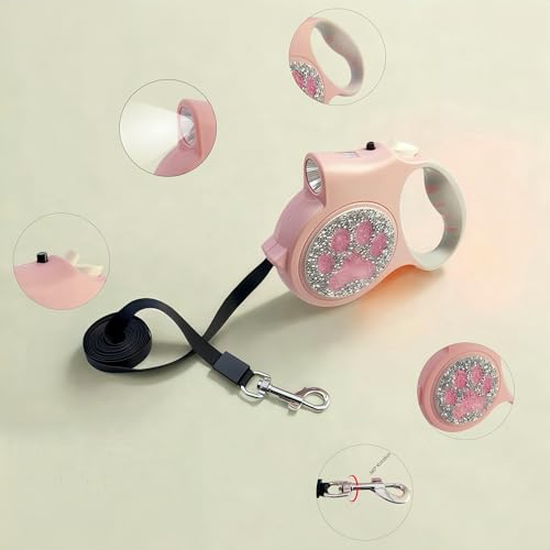 Led Retractable Dog Leash – 16ft Leash with Handcrafted Sparkle Detail Tangle-Free One-Hand Brake Soft Grip Handle for Small & Medium Dogs Up to 77lbs (DL-PK) - color: DL-PK