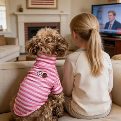 Turtleneck Dog Shirt Cute Doggie Embroidery Super Soft Dog Sweatshirt Stretchy Striped Puppy Pullover for Cats Small Medium Large Dogs (Pink Striped, Medium) - color: Pink Striped, size: Medium