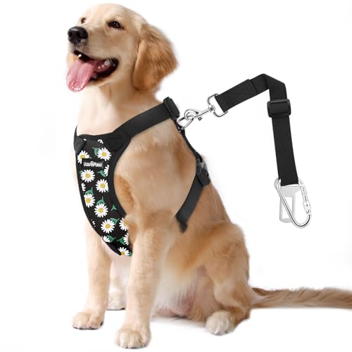 VavoPaw Dog Seat Belt, Safety Vest Dog Car Harness with Adjustable Buckle Dog Seat Belt for Vehicle Nylon Pet Safety Seat Belts Heavy Duty(L, Black Daisy) - color: Black Daisy, size: L (Chest: 22-32.3", Neck: 16.9-26")