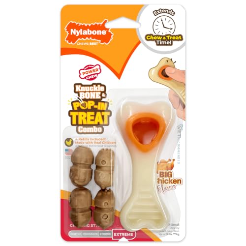 Nylabone Power Chew Knuckle Bone Pop-In Treat Toy for Dogs, Interactive Treat Dispensing Dog Chew Toys to Keep Them Busy, Slow Feeder, Long Lasting Chicken Flavor, X-Small Dogs - Up to 15 lbs - size: X-Small