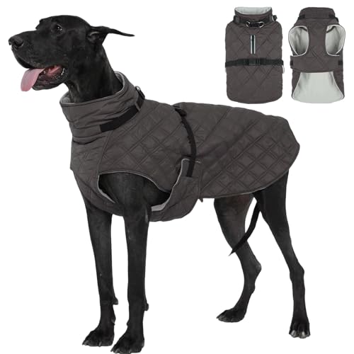 Kuoser Dog Coat Warm Fleece Lining Turtleneck Dog Jacket with Harness Built-in, Windproof Cold Weather Coats with Quick Release Buckle Pet Winter Snowsuit for Extra Large Dogs Great Dane, Grey 3XL - color: Grey, size: Xxx-large (Chest Girth: 42.5")