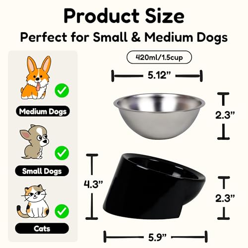 Tilted Dog Bowl for Flat-Faced & Senior Dogs, 15° Slanted Stainless Steel Dog Food Bowl, Elevated Pet Feeder for Small & Medium Dogs (Black + Dark Blue, M (420 ML / 1.5 Cups)) - color: Black + Dark Blue