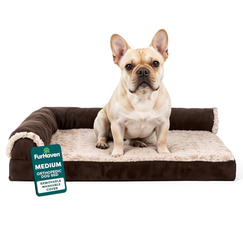 Furhaven Orthopedic Dog Bed for Medium/Small Dogs w/ Removable Bolsters & Washable Cover, For Dogs Up to 35 lbs - Two-Tone Plush Faux Fur & Suede L Shaped Chaise - Espresso, Medium,30"L x 20"W x 6"Th - color: Espresso, size: Medium