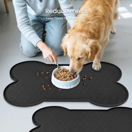 PWTAA Dog Food Mat Anti-Slip Silicone Dog Bowl Mat Thicker Pet Placemat Waterproof Cat Feeder Pad with Raised Edge Puppy Kitten Feeding Mats Suitable Small Medium-Sized Dogs Cats Eating Tray - 2PCS - color: Black, size: 25.6" x 13"-2PCS