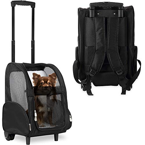 KOPEKS Deluxe Backpack Pet Travel Carrier with Double Wheels for Pets up to 10 Pounds - Black - Approved by Most Airlines - color: Black, size: 13.0"L x 12.0"W x 20.0"H