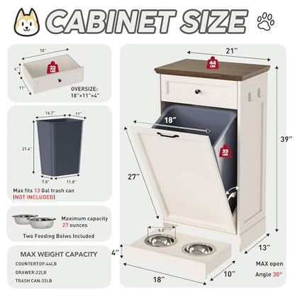 FIMELLO 21 ''WX 13''DX39''H Dog Feeding Station with 2 Feeding Bowls, Tilt-Out Dog Food Storage Cabinet with Drawer,Pet Feeder Cabinet,White Grain - color: White Grain, size: 21 inches