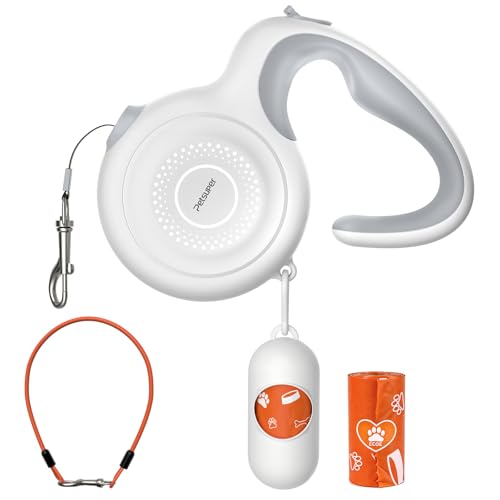 16Ft Auto-Brake Retractable Dog Leash with Chew-Proof Steel Cable, 360° Tangle-Free, Shock Absorbing, Built-in Poop Bag Dispenser - color: White, size: 16Ft-Large