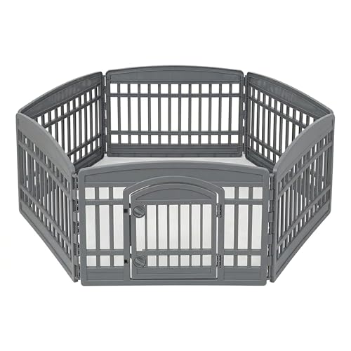 IRIS USA 24" Dog Playpen 6-Panel Pet Exercise Pen with Door Gate 61x61x24 Puppy Play Pen Indoor Outdoor Plastic Heavy Duty Foldable Portable Pet Fence for Small Medium Dogs Puppies Multiple Pets Gray - color: Gray, size: 6 Panel - 24" H