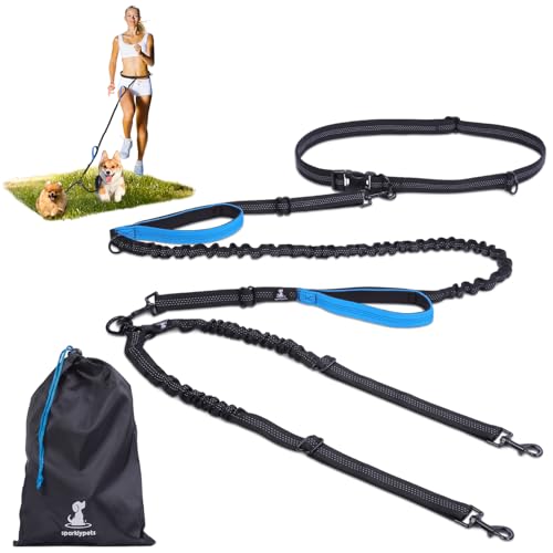 SparklyPets - Hands Free Double Dog Leash - Dual Dog Leash for 2 Small Dogs - with Padded Handles, Reflective Stitches - No Pull, Tangle Free, for Walking, Hiking, Canicross - for Small Dogs - color: Blue, size: 2 dogs S