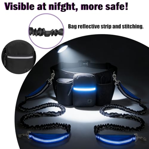 Hands Free Dog Leash for 2 Dogs, Adjustable Waist Belt, Reflective Stitching Leash with Double Padded Handles for Running, Hiking - color: Black