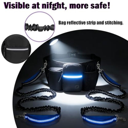 Hands Free Dog Leash for 2 Dogs, Adjustable Waist Belt, Reflective Stitching Leash with Double Padded Handles for Running, Hiking - color: Black