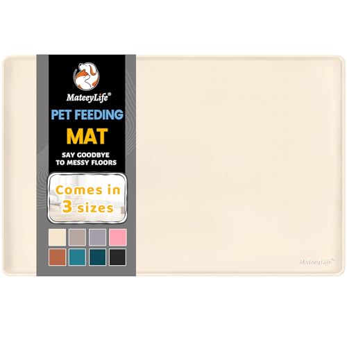 MateeyLife Silicone Cat & Dog Food Mat for Floors Waterproof, Anti-Slip Dog Bowl Mats for Food and Water, Pet Feeding Mats with Lip to Prevent Spills, Pet Placemat for Messy Drinkers to Protect Floors - color: Beige, size: 24''×16''