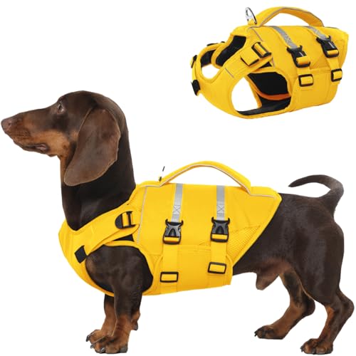 Kuoser Dog Life Jacket, High Flotation Dog Life Vest for Swimming Boating, Adjustable Ripstop Pet Lifesaver for Small Medium and Large Dogs, Reflective Safety Puppy Swimming Vest with Rescue Handle - color: Yellow, size: Xs (Chest Girth:12.99-18.11'')