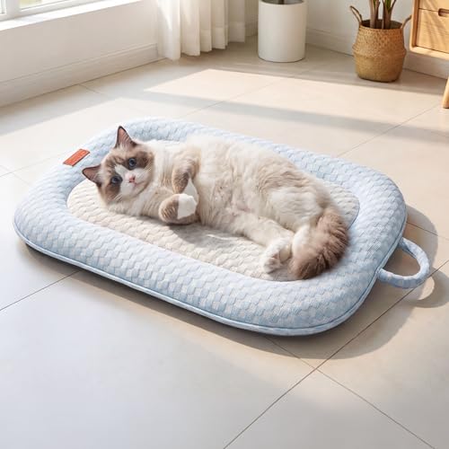 Summer Cat Cooling Mat - Cooling Cat Bed for Cats or Small Dogs, Cat Summer Sleeping Beds Soft and Comfortable Washable Non-Slip Bottom - color: Light Blue and Light Gray