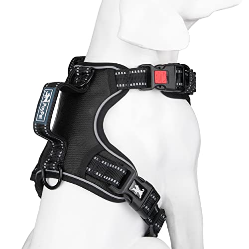 PoyPet No Pull Dog Harness, No Choke Front Clip Reflective Dog Vest with Soft Padded Vertical Handle, 3 Leash Attachments for Small Medium Large Dogs (Black,M) - color: Black, size: Medium