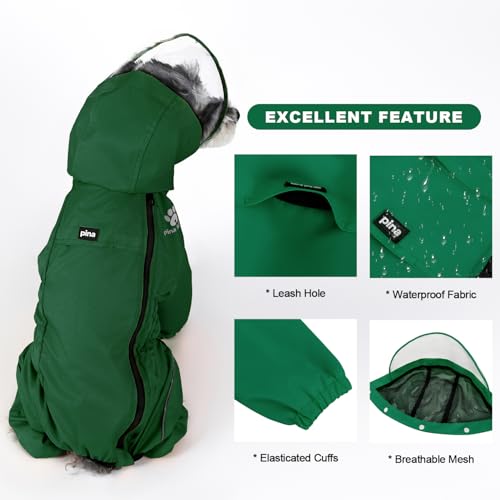 PINA Lightweight Dog Jacket with Hood and Leash Hole, Waterproof Dog Raincoat, Full Wrap Design with Reflective Strap and Pocket for Wet Weather Protection - color: Green, size: XXL(chest:23.6in)