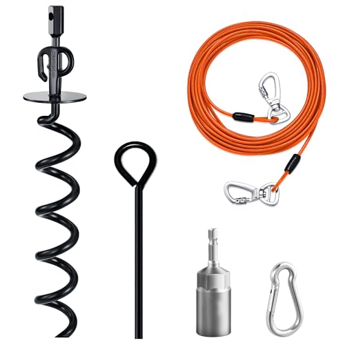 15" Heavy Duty Steel Dog Stake - 9mm Solid Anchor for Dogs Up to 120 lbs - 30FT Orange Tether-Yard, Camping, Outdoor Use (Black, 30ft Cable and Stake) - size: 30ft cable and stake