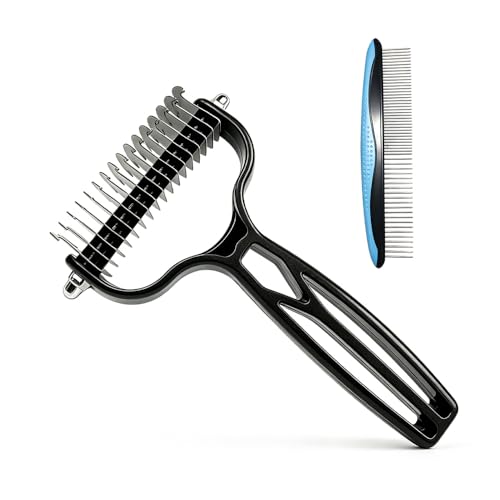 Double Sided Dematting Comb for Cats & Dogs, Undercoat Rake, Safe Deshedding Grooming Tool, Gentle Matt Remover Detangler for Long Thick Haired Pets, Ergonomic Pet Grooming Brush (Onyx) - color: Onyx