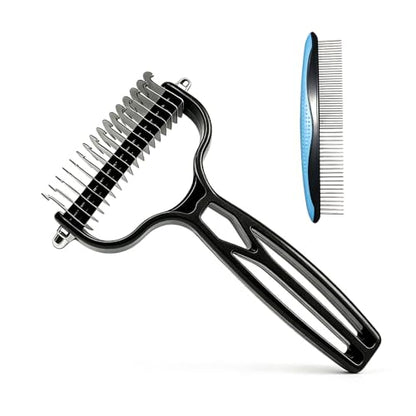 Double Sided Dematting Comb for Cats & Dogs, Undercoat Rake, Safe Deshedding Grooming Tool, Gentle Matt Remover Detangler for Long Thick Haired Pets, Ergonomic Pet Grooming Brush (Onyx) - color: Onyx