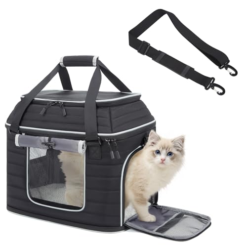 Top-Expandable Pet Carrier: NOBLE DUCK Airline Approved Pet Travel Bag for Cats/Dogs Up to 20 Lbs | Soft-Sided, Multi-Sided Breathable with Anti-Escape Zipper & Privacy Curtain to Reduce Stress - color: 2-Black, size: Medium