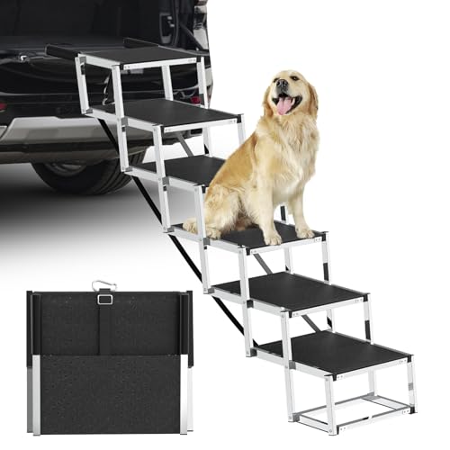Dog Stairs for Large Dogs - 6 Step Foldable Dog Ramp for Car 43In Non-Slip Surface Support up to 230lbs - Suitable for SUV Truck Designed Specifically for Disabled Dogs - size: 16" W x 38-43" H