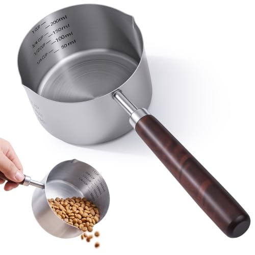 Ondware Dog Cat Food Scoop Measuring Cup, 1 Cup 304 Stainless Steel Pet Food Scoop with Precision Scale Measurements, Wooden Handle, Portion Control for Pets, Dishwasher Safe
